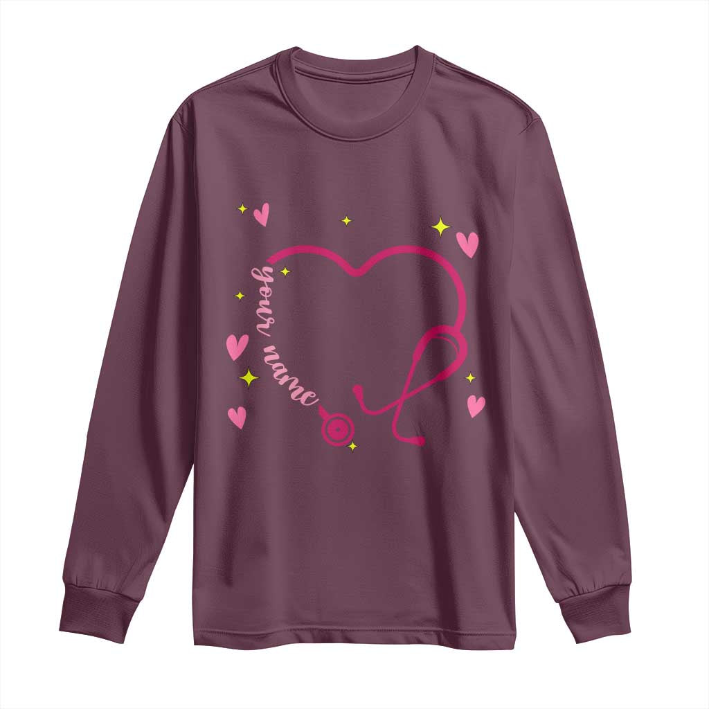 Personalized Valentine's Day Nursing Long Sleeve Shirt Custom Name Nurse Doctor Heart Stethoscope TS11 Maroon Print Your Wear