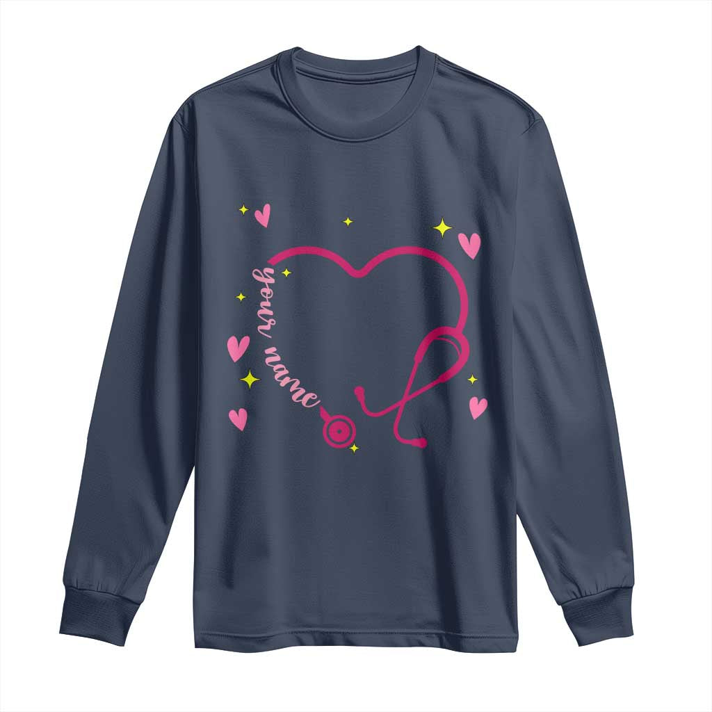 Personalized Valentine's Day Nursing Long Sleeve Shirt Custom Name Nurse Doctor Heart Stethoscope TS11 Navy Print Your Wear