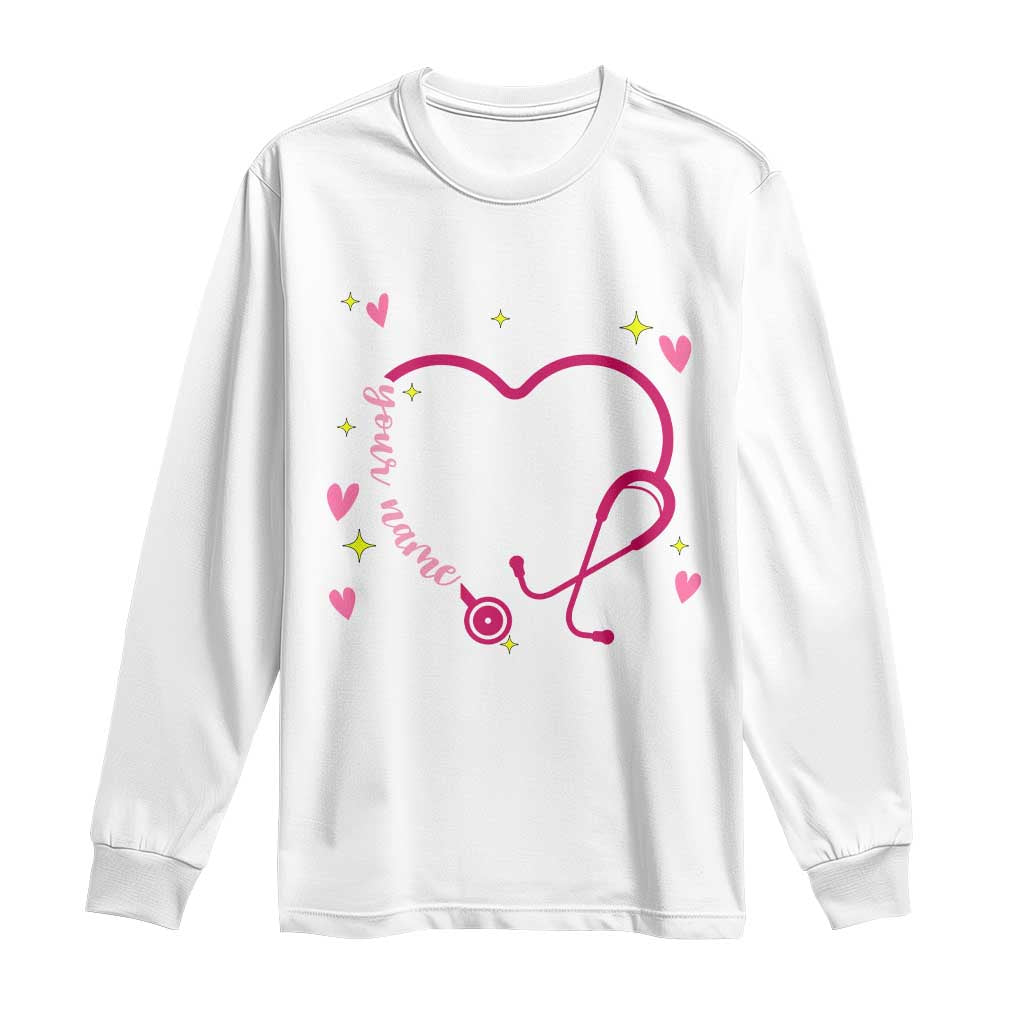 Personalized Valentine's Day Nursing Long Sleeve Shirt Custom Name Nurse Doctor Heart Stethoscope TS11 White Print Your Wear