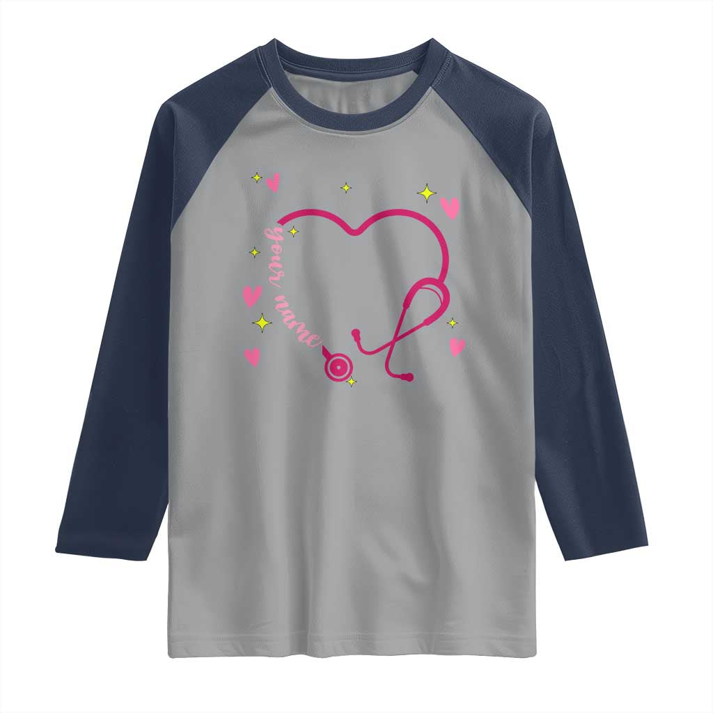 Personalized Valentine's Day Nursing Raglan Shirt Custom Name Nurse Doctor Heart Stethoscope TS11 Sport Gray Navy Print Your Wear