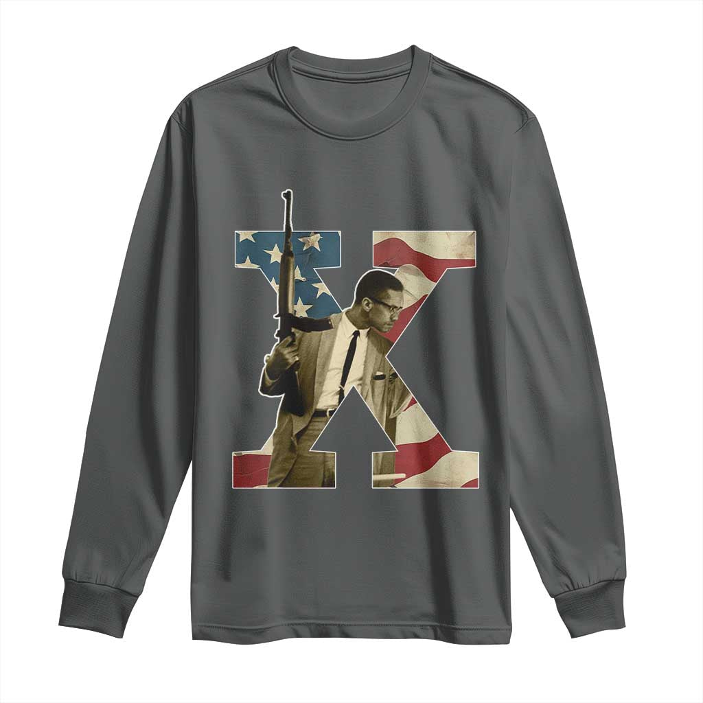 Malcolm X Long Sleeve Shirt Black History Leaders American Flag TS11 Dark Heather Print Your Wear