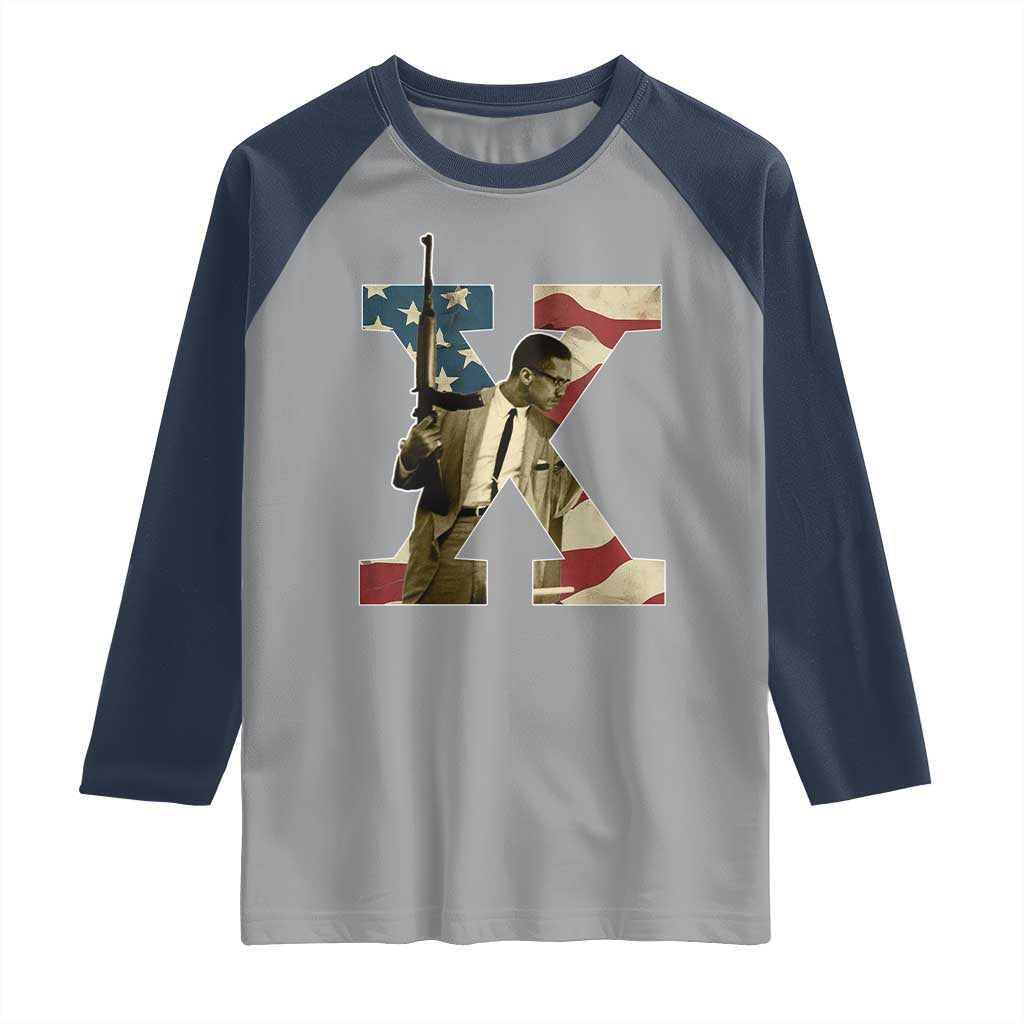 Malcolm X Raglan Shirt Black History Leaders American Flag TS11 Sport Gray Navy Print Your Wear