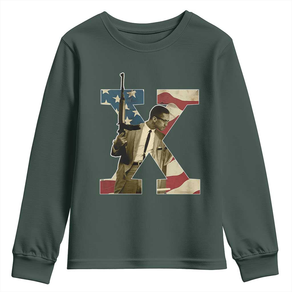 Malcolm X Youth Sweatshirt Black History Leaders American Flag TS11 Dark Forest Green Print Your Wear