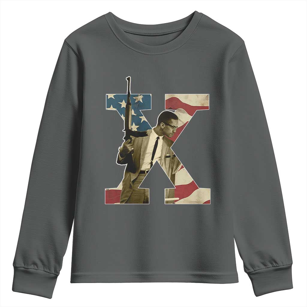 Malcolm X Youth Sweatshirt Black History Leaders American Flag TS11 Dark Heather Print Your Wear