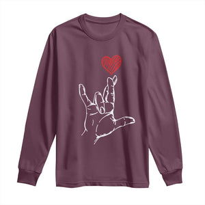 Funny Valentine's Day I Love You Hand Sign ASL Heart Long Sleeve Shirt TS11 Maroon Print Your Wear