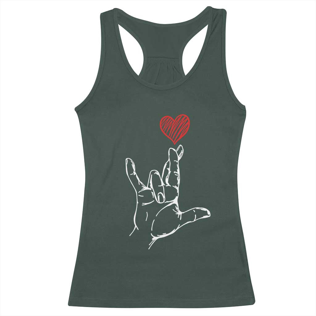 Funny Valentine's Day I Love You Hand Sign ASL Heart Racerback Tank Top TS11 Dark Forest Green Print Your Wear