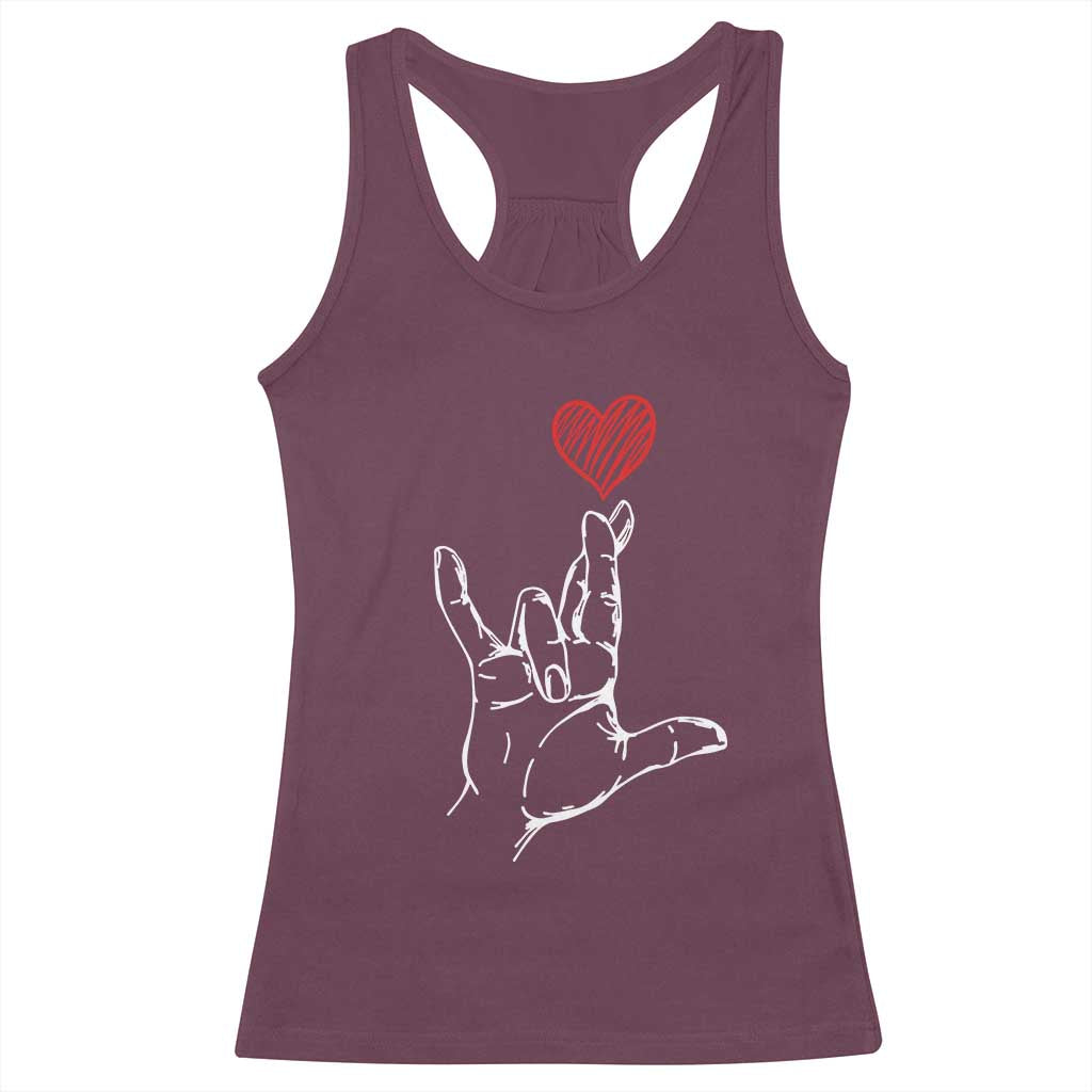Funny Valentine's Day I Love You Hand Sign ASL Heart Racerback Tank Top TS11 Maroon Print Your Wear