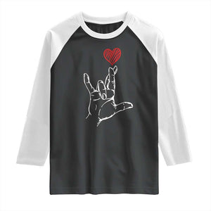 Funny Valentine's Day I Love You Hand Sign ASL Heart Raglan Shirt TS11 Black White Print Your Wear