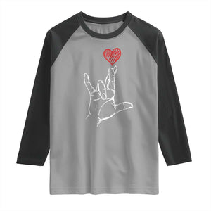 Funny Valentine's Day I Love You Hand Sign ASL Heart Raglan Shirt TS11 Sport Gray Black Print Your Wear