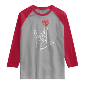 Funny Valentine's Day I Love You Hand Sign ASL Heart Raglan Shirt TS11 Sport Gray Red Print Your Wear