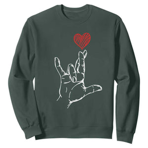 Funny Valentine's Day I Love You Hand Sign ASL Heart Sweatshirt TS11 Dark Forest Green Print Your Wear