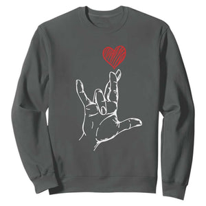 Funny Valentine's Day I Love You Hand Sign ASL Heart Sweatshirt TS11 Dark Heather Print Your Wear