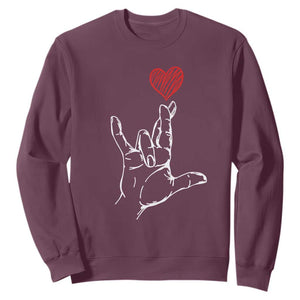 Funny Valentine's Day I Love You Hand Sign ASL Heart Sweatshirt TS11 Maroon Print Your Wear