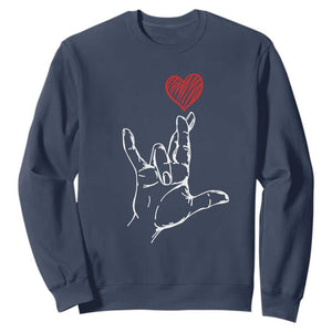 Funny Valentine's Day I Love You Hand Sign ASL Heart Sweatshirt TS11 Navy Print Your Wear