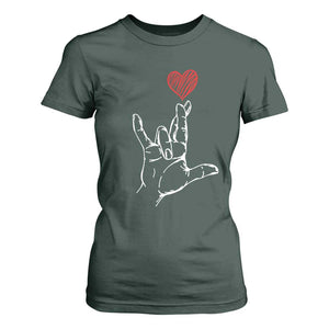 Funny Valentine's Day I Love You Hand Sign ASL Heart T Shirt For Women TS11 Dark Forest Green Print Your Wear