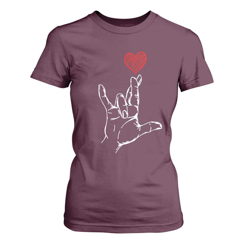 Funny Valentine's Day I Love You Hand Sign ASL Heart T Shirt For Women TS11 Maroon Print Your Wear
