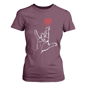 Funny Valentine's Day I Love You Hand Sign ASL Heart T Shirt For Women TS11 Maroon Print Your Wear