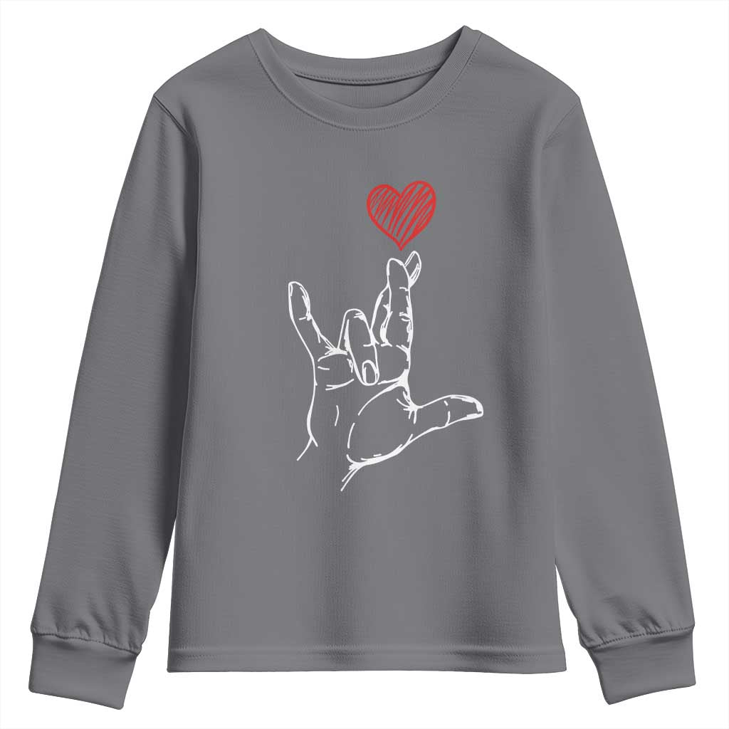 Funny Valentine's Day I Love You Hand Sign ASL Heart Youth Sweatshirt TS11 Charcoal Print Your Wear
