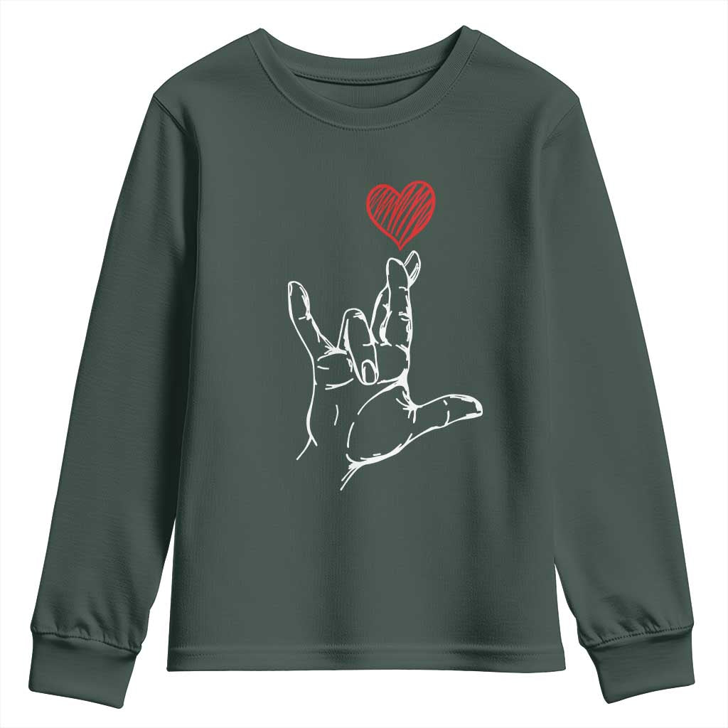 Funny Valentine's Day I Love You Hand Sign ASL Heart Youth Sweatshirt TS11 Dark Forest Green Print Your Wear