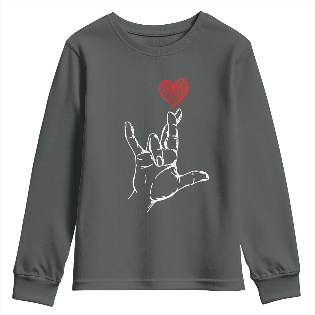 Funny Valentine's Day I Love You Hand Sign ASL Heart Youth Sweatshirt TS11 Dark Heather Print Your Wear