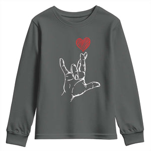 Funny Valentine's Day I Love You Hand Sign ASL Heart Youth Sweatshirt TS11 Dark Heather Print Your Wear