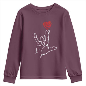 Funny Valentine's Day I Love You Hand Sign ASL Heart Youth Sweatshirt TS11 Maroon Print Your Wear