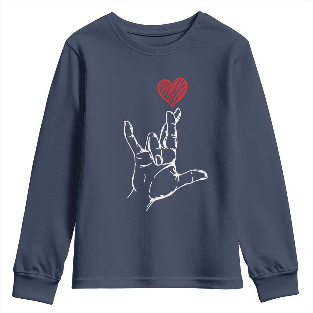 Funny Valentine's Day I Love You Hand Sign ASL Heart Youth Sweatshirt TS11 Navy Print Your Wear