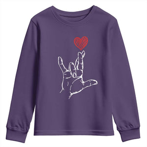 Funny Valentine's Day I Love You Hand Sign ASL Heart Youth Sweatshirt TS11 Purple Print Your Wear