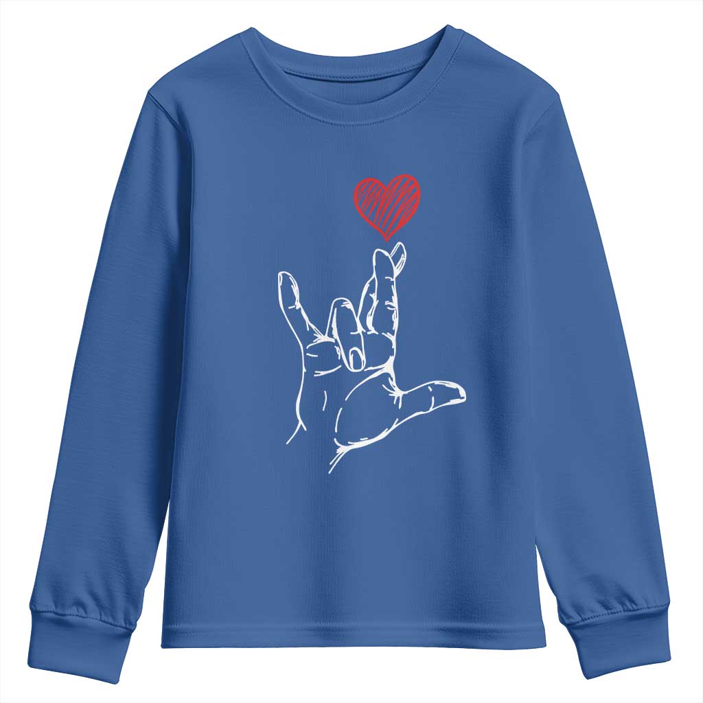 Funny Valentine's Day I Love You Hand Sign ASL Heart Youth Sweatshirt TS11 Royal Blue Print Your Wear