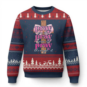 Pray On It Pray Over It Pray Through It Ugly Christmas Sweater Christian Religious God Valentine's Day Coquette Cross TS11 Navy Red Print Your Wear