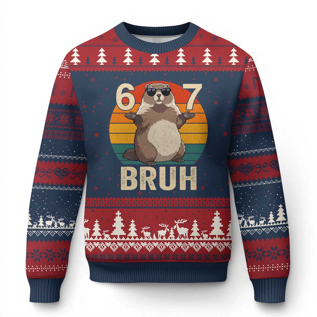 Funny Groundhog 67 Ugly Christmas Sweater Six Seven Bruh Retro Vintage Woodchuck Day TS11 Navy Red Print Your Wear
