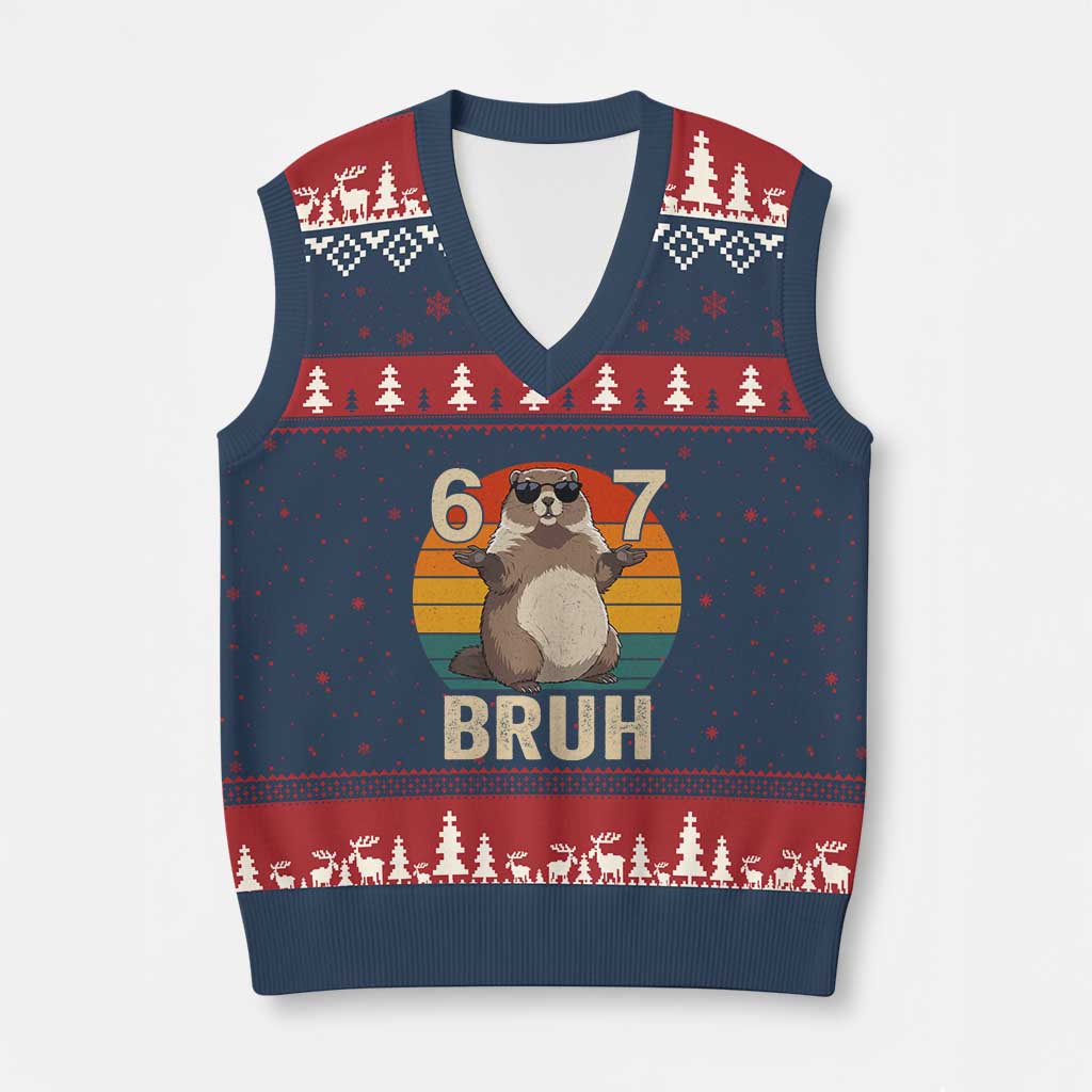 Funny Groundhog 67 V-Neck Knit Sweater Vest Six Seven Bruh Retro Vintage Woodchuck Day TS11 Navy Red Print Your Wear
