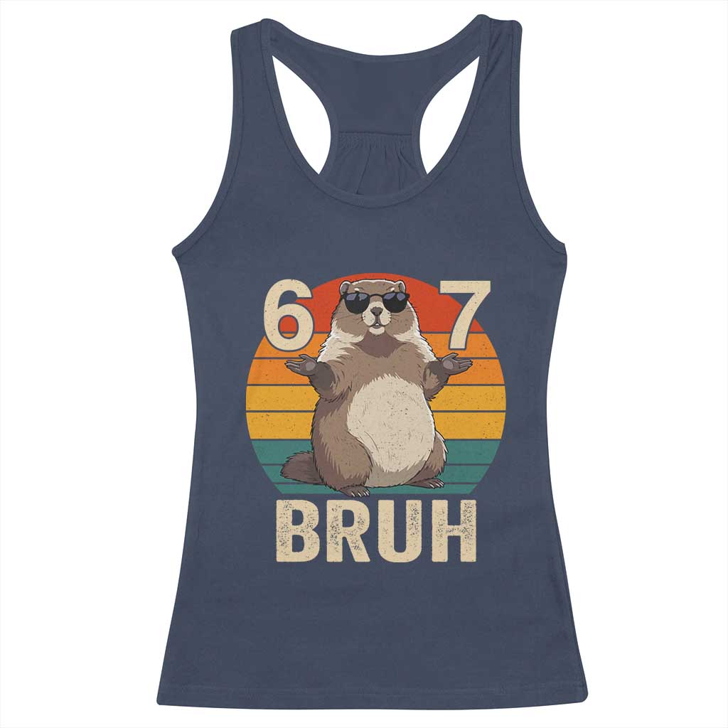 Funny Groundhog 67 Racerback Tank Top Six Seven Bruh Retro Vintage Woodchuck Day TS11 Navy Print Your Wear