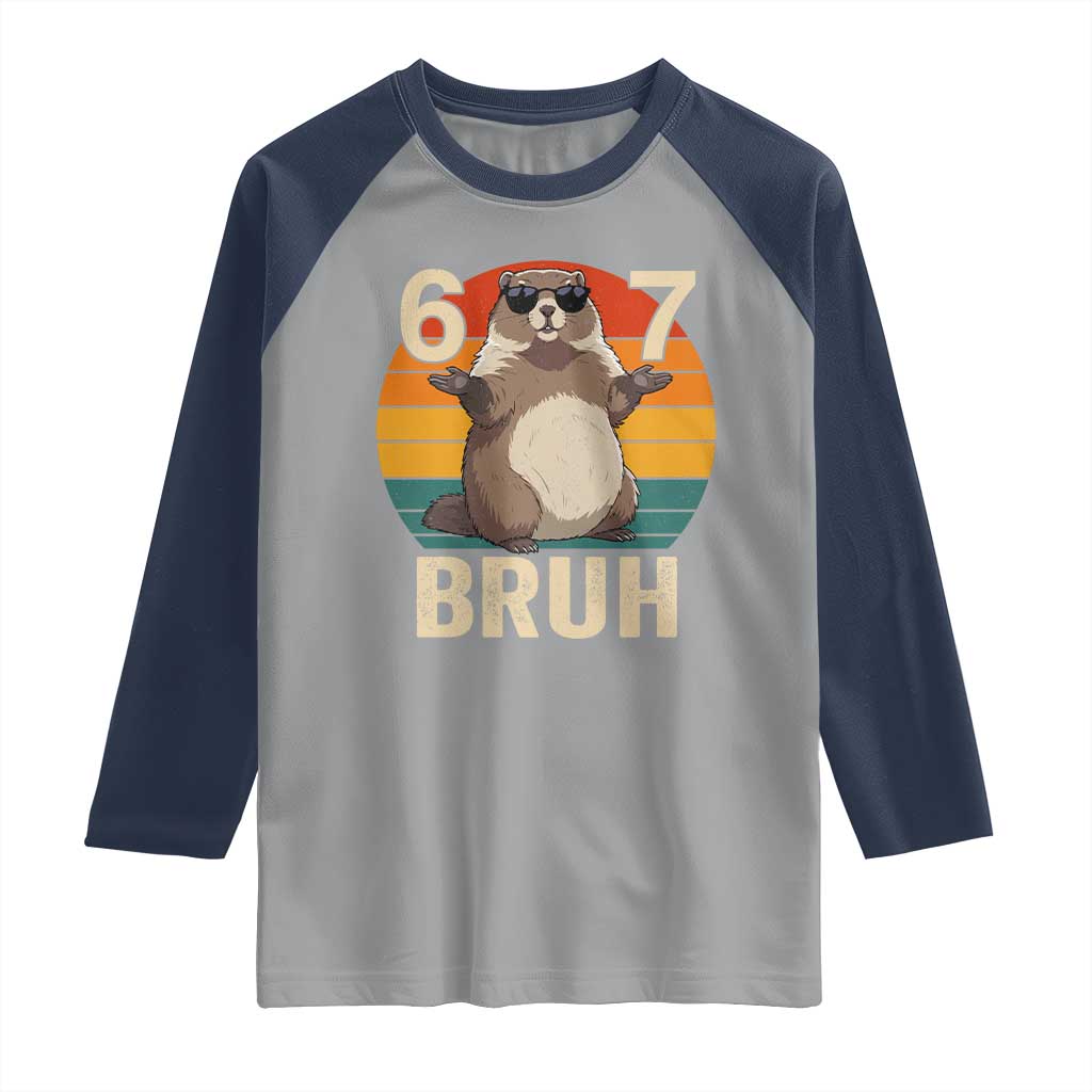 Funny Groundhog 67 Raglan Shirt Six Seven Bruh Retro Vintage Woodchuck Day TS11 Sport Gray Navy Print Your Wear