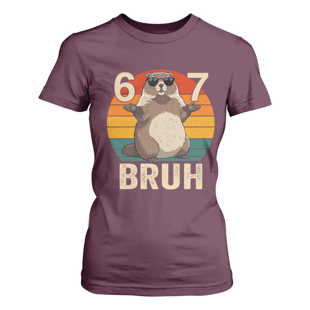 Funny Groundhog 67 T Shirt For Women Six Seven Bruh Retro Vintage Woodchuck Day TS11 Maroon Print Your Wear