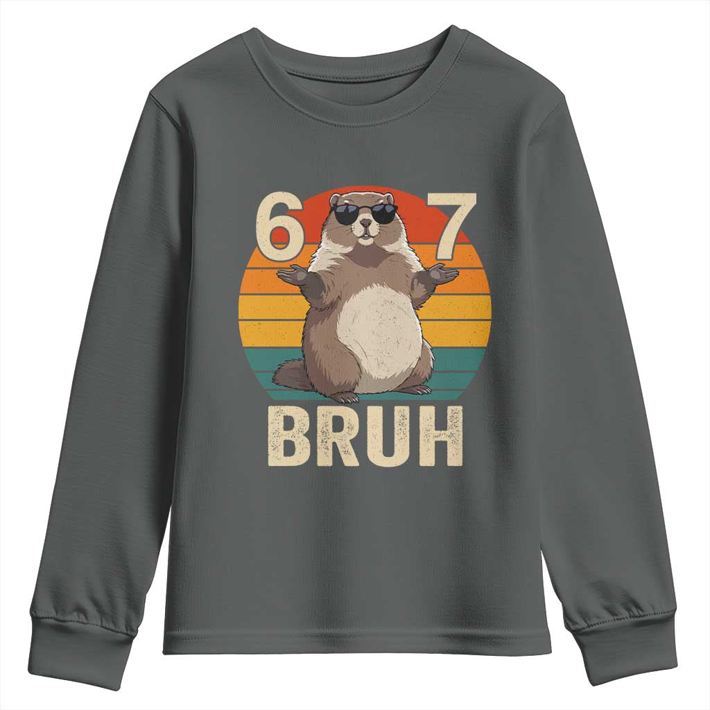 Funny Groundhog 67 Youth Sweatshirt Six Seven Bruh Retro Vintage Woodchuck Day TS11 Dark Heather Print Your Wear