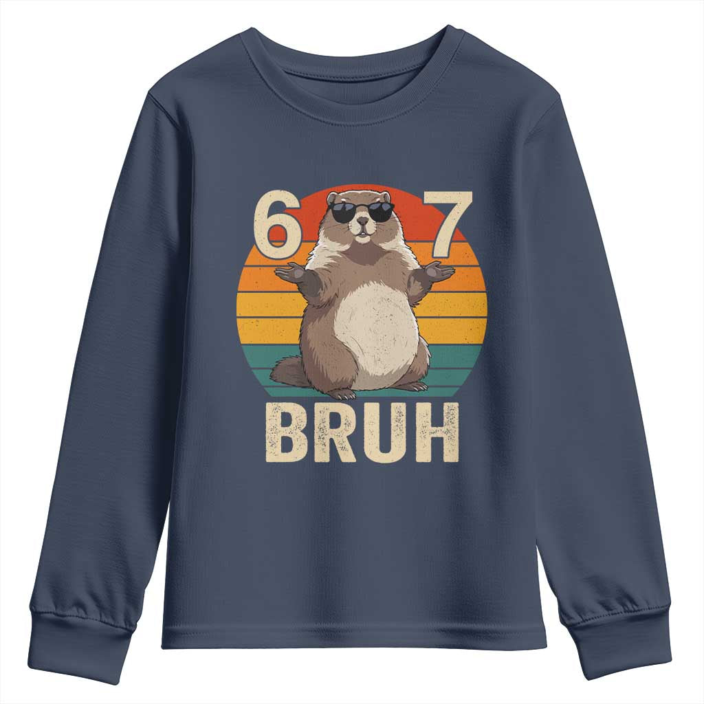 Funny Groundhog 67 Youth Sweatshirt Six Seven Bruh Retro Vintage Woodchuck Day TS11 Navy Print Your Wear