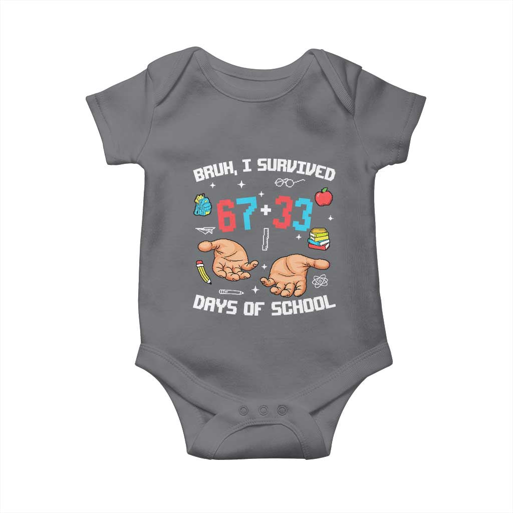 Bruh I Survived 67 33 Days Of School Baby Onesie Funny 100th Days of School Pixel 67 Hands TS11 Charcoal Print Your Wear