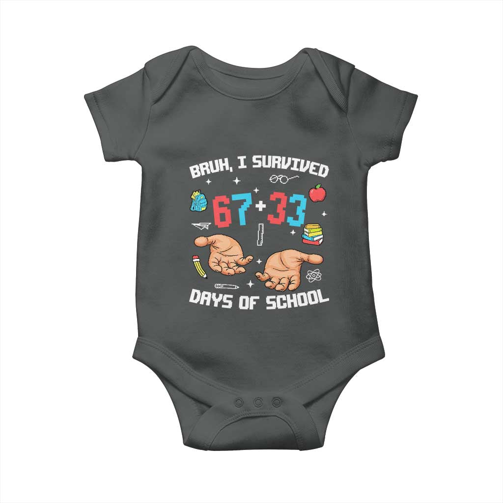 Bruh I Survived 67 33 Days Of School Baby Onesie Funny 100th Days of School Pixel 67 Hands TS11 Dark Heather Print Your Wear