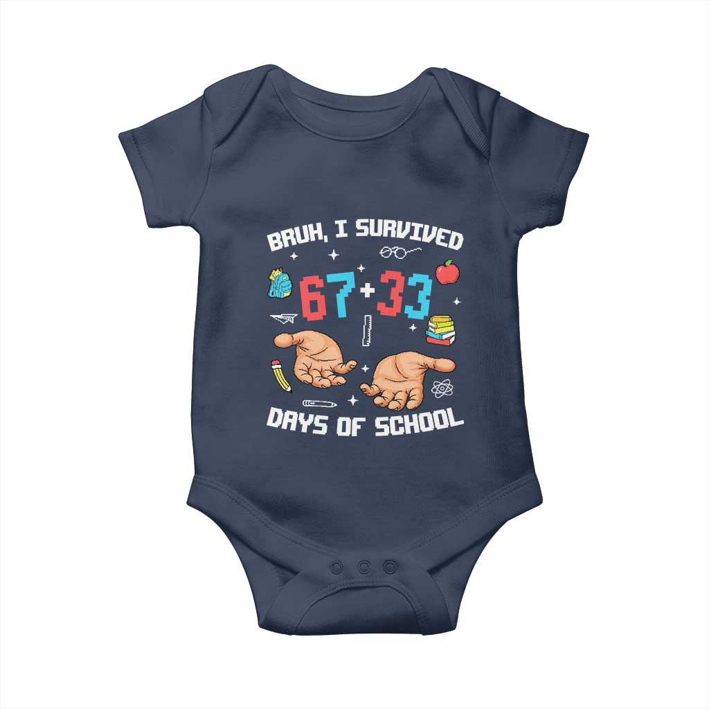 Bruh I Survived 67 33 Days Of School Baby Onesie Funny 100th Days of School Pixel 67 Hands TS11 Navy Print Your Wear