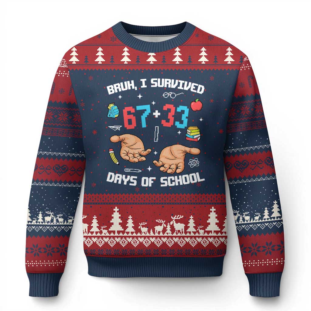 Bruh I Survived 67 33 Days Of School Ugly Christmas Sweater Funny 100th Days of School Pixel 67 Hands TS11 Navy Red Print Your Wear