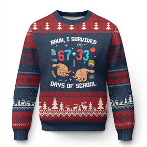 Bruh I Survived 67 33 Days Of School Ugly Christmas Sweater Funny 100th Days of School Pixel 67 Hands TS11 Navy Red Print Your Wear
