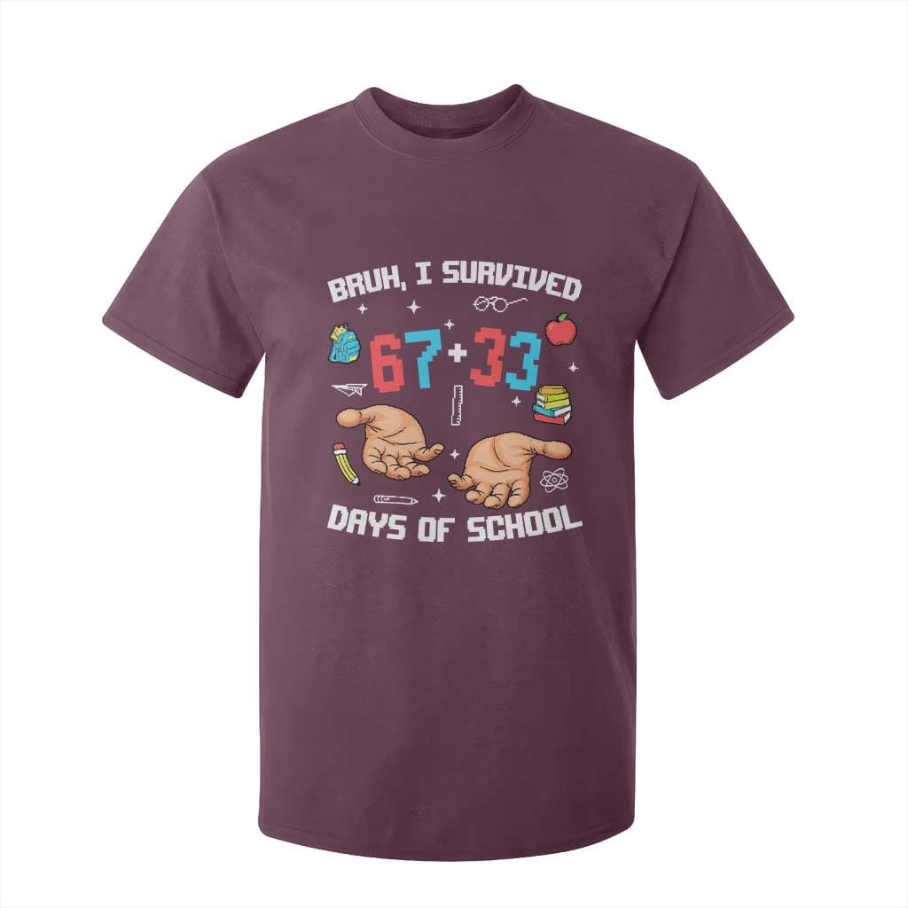 Bruh I Survived 67 33 Days Of School T Shirt For Kid Funny 100th Days of School Pixel 67 Hands TS11 Maroon Print Your Wear