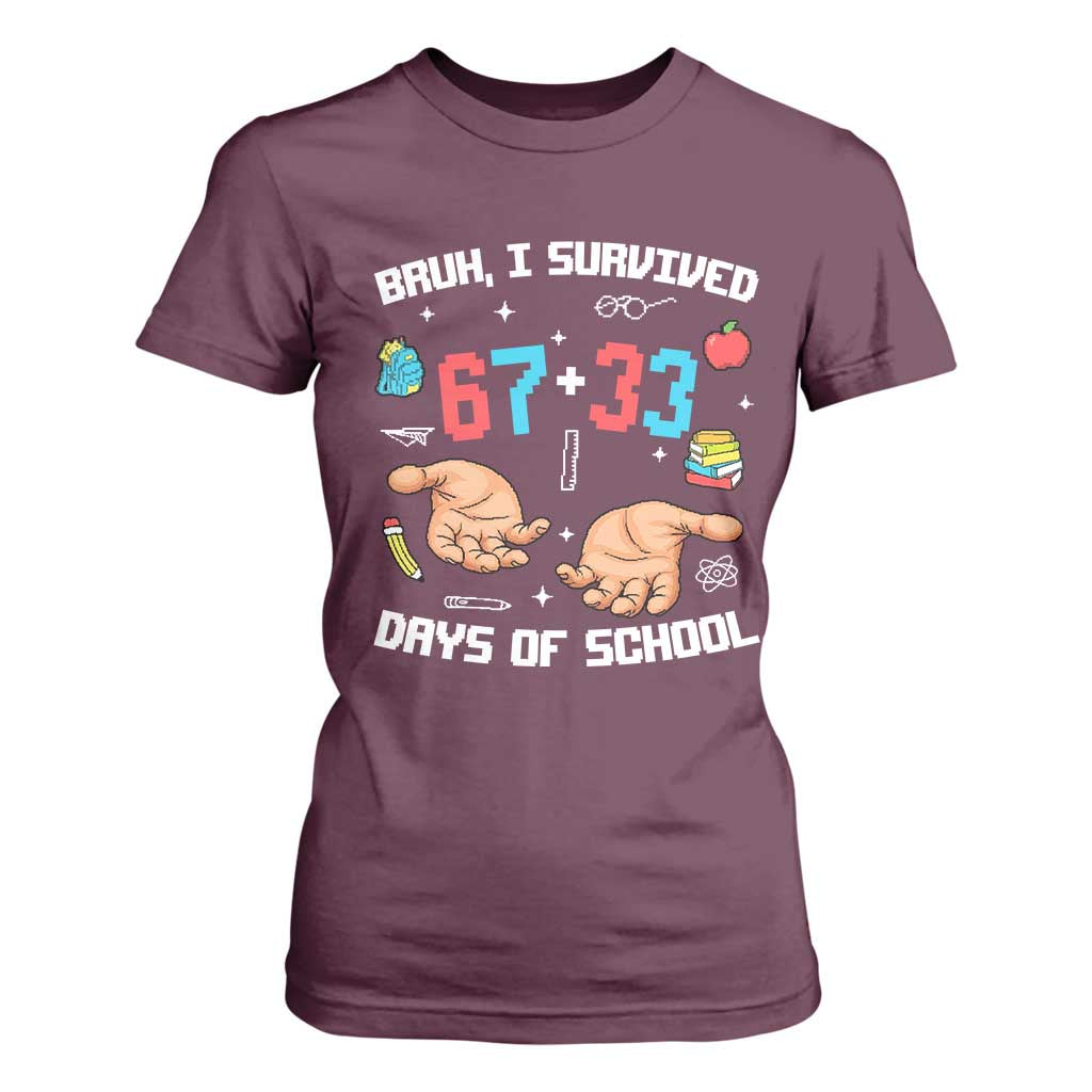 Bruh I Survived 67 33 Days Of School T Shirt For Women Funny 100th Days of School Pixel 67 Hands TS11 Maroon Print Your Wear