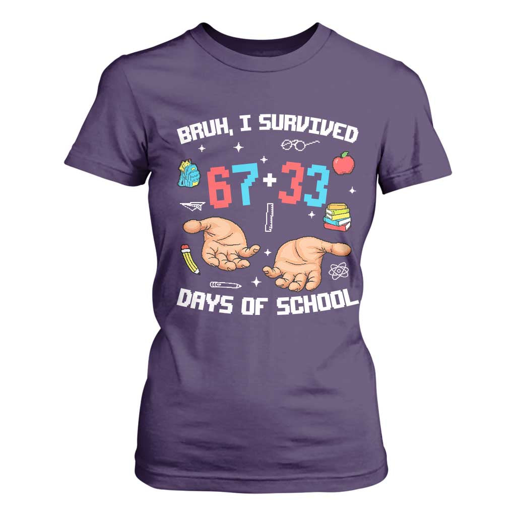 Bruh I Survived 67 33 Days Of School T Shirt For Women Funny 100th Days of School Pixel 67 Hands TS11 Purple Print Your Wear