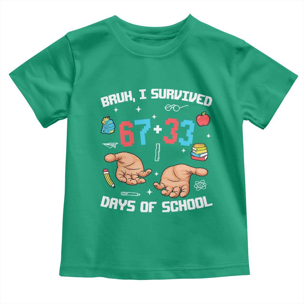 Bruh I Survived 67 33 Days Of School Toddler T Shirt Funny 100th Days of School Pixel 67 Hands TS11 Irish Green Print Your Wear