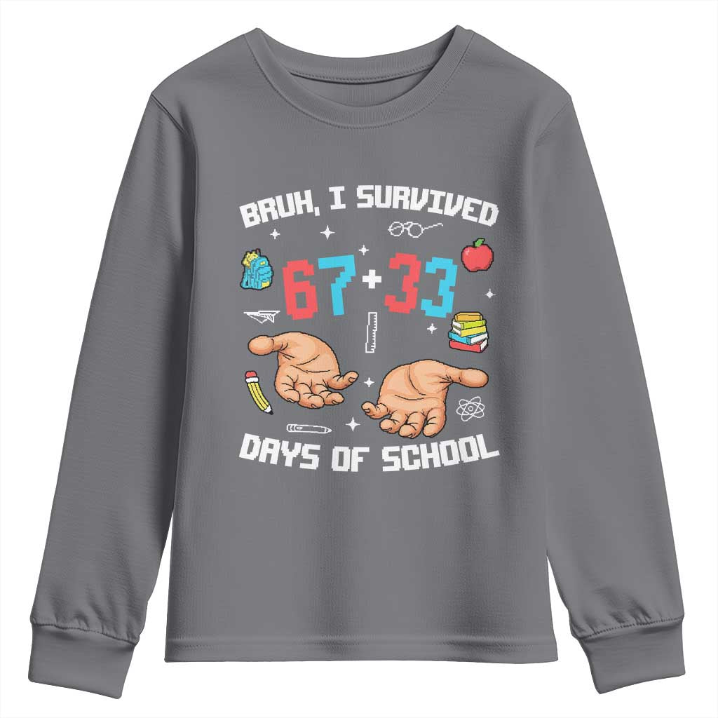Bruh I Survived 67 33 Days Of School Youth Sweatshirt Funny 100th Days of School Pixel 67 Hands TS11 Charcoal Print Your Wear