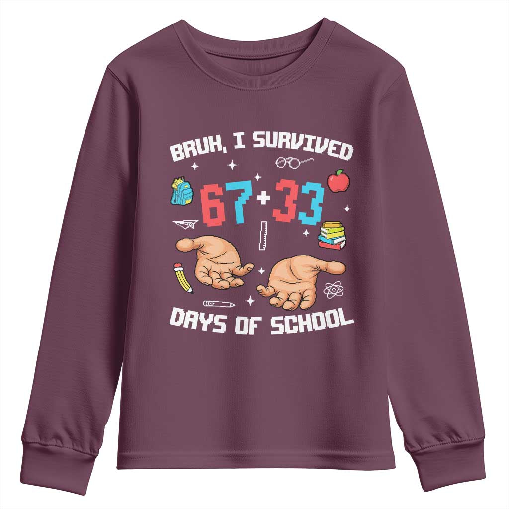 Bruh I Survived 67 33 Days Of School Youth Sweatshirt Funny 100th Days of School Pixel 67 Hands TS11 Maroon Print Your Wear