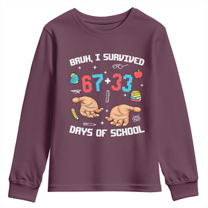 Bruh I Survived 67 33 Days Of School Youth Sweatshirt Funny 100th Days of School Pixel 67 Hands TS11 Maroon Print Your Wear