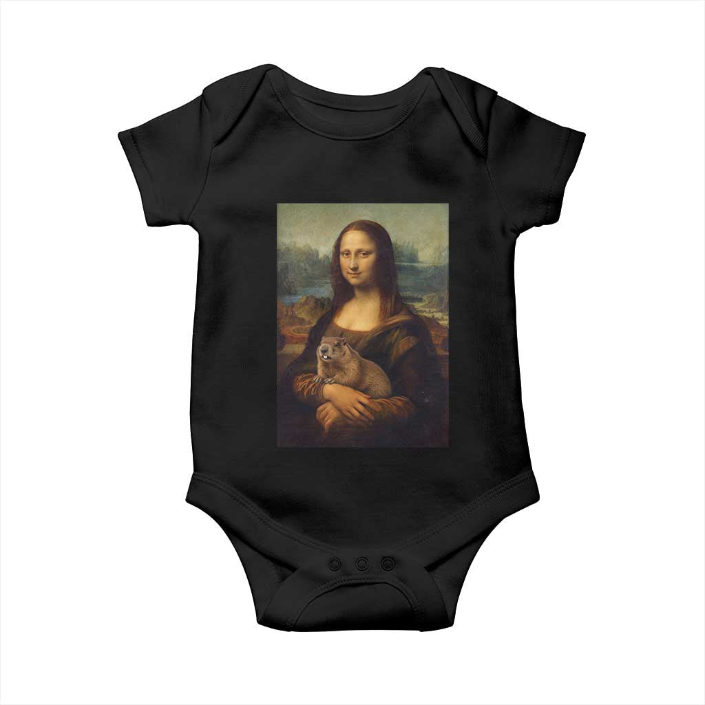Mona Lisa Holding Groundhog Parody Painting Baby Onesie Funny Groundhog Day TS11 Black Print Your Wear